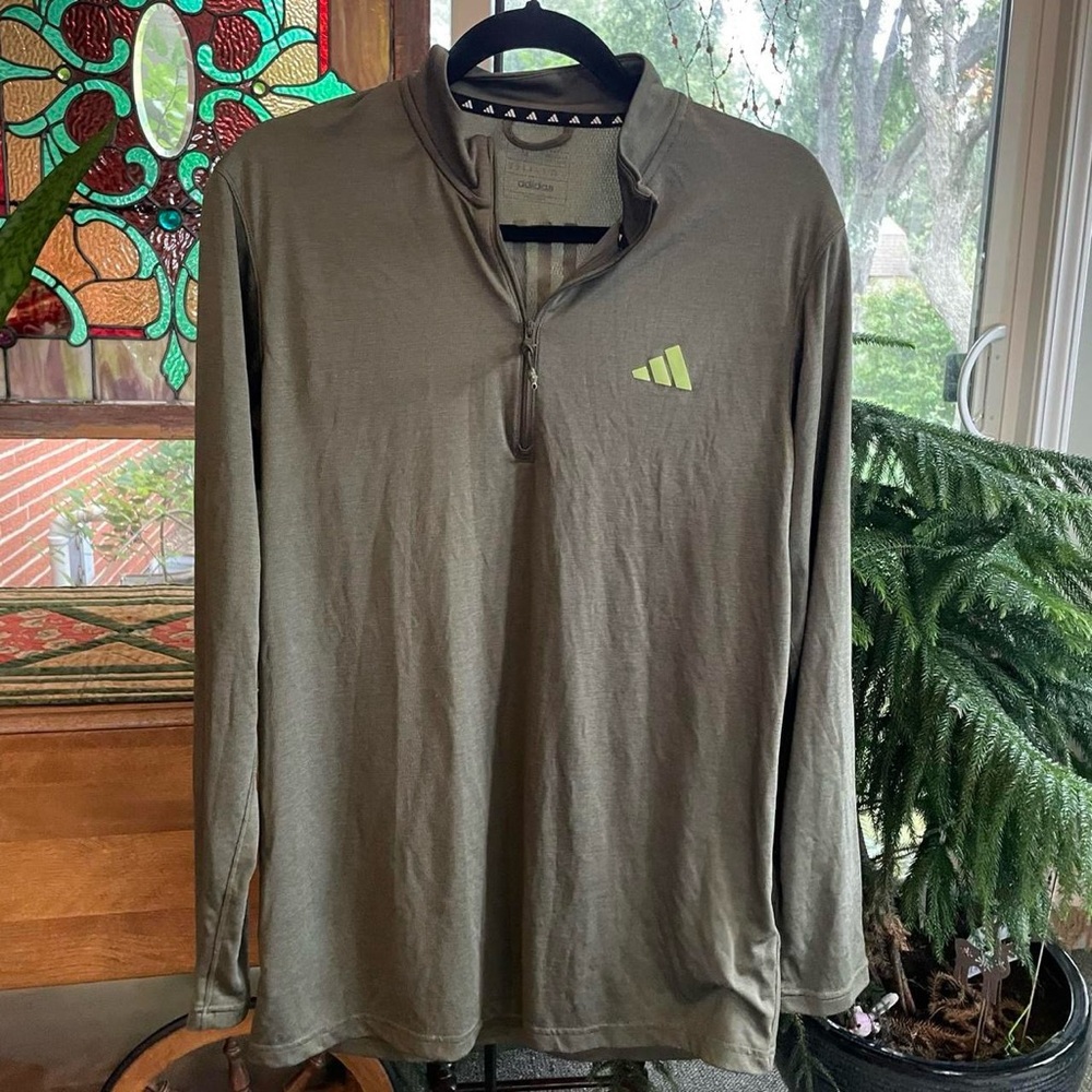Men's Adidas Olive Green Long-Sleeve Quarter-Zip Performance Shirt